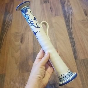Tall Portugal Pottery Style Blue & Cream Floral Vase